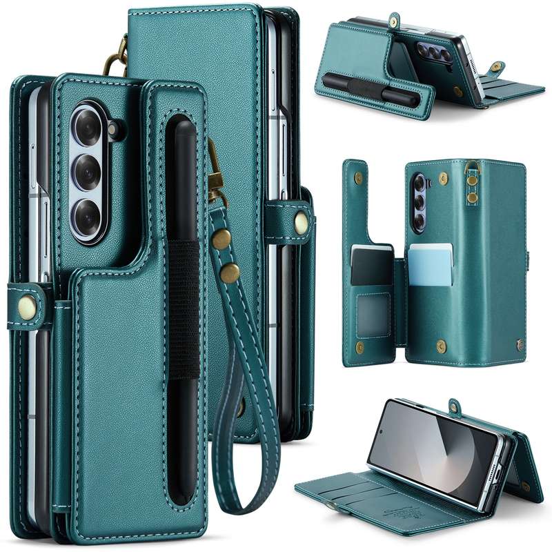 For Samsung Galaxy Z Fold6 5G CaseMe C22 PC+TPU Business Style RFID Anti-theft Lanyard Leather