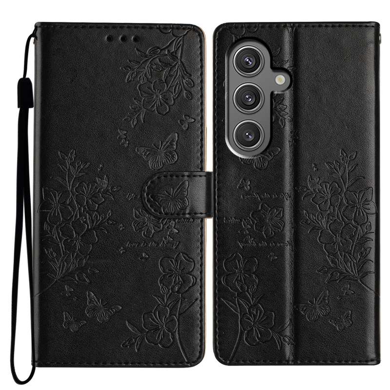 For Samsung Galaxy A05s Butterflies and Flowers Leather Phone Case(Black)