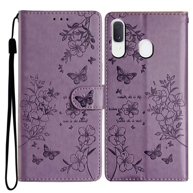 For Samsung Galaxy A20 / A30 Butterflies and Flowers Leather Phone Case(Purple)