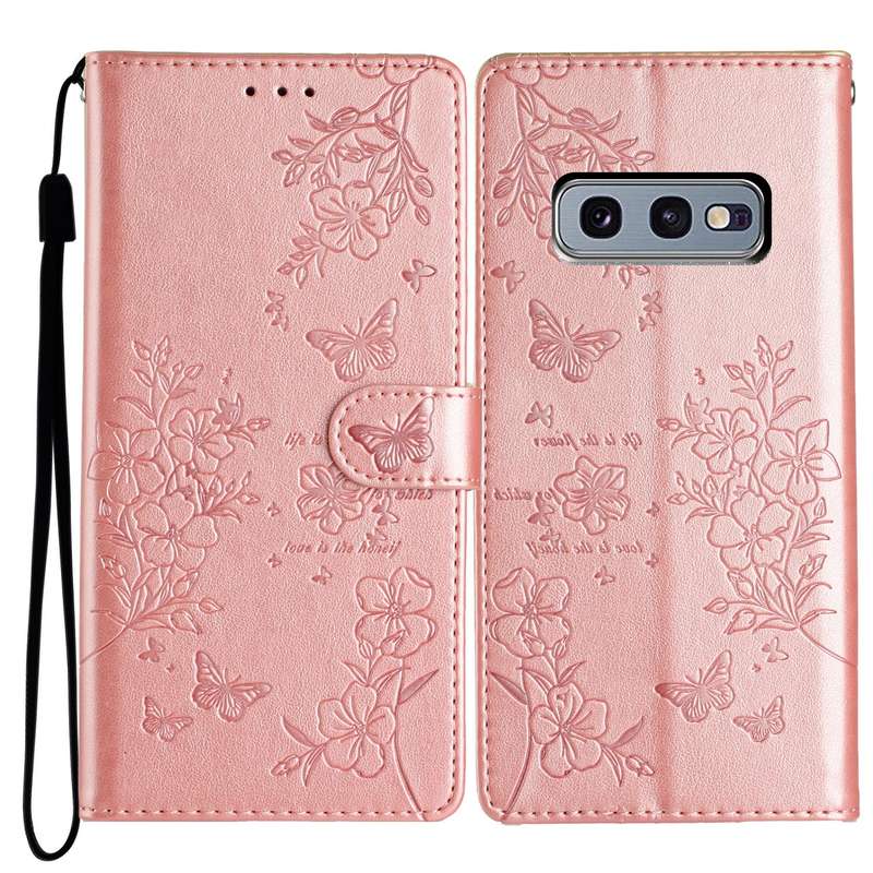 For Samsung Galaxy S10e Butterflies and Flowers Leather Phone Case(Rose Gold)