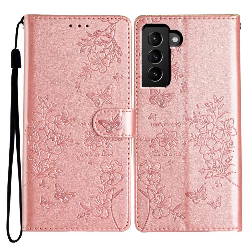 For Samsung Galaxy S21 FE 5G Butterflies and Flowers Leather Phone Case(Rose Gold)