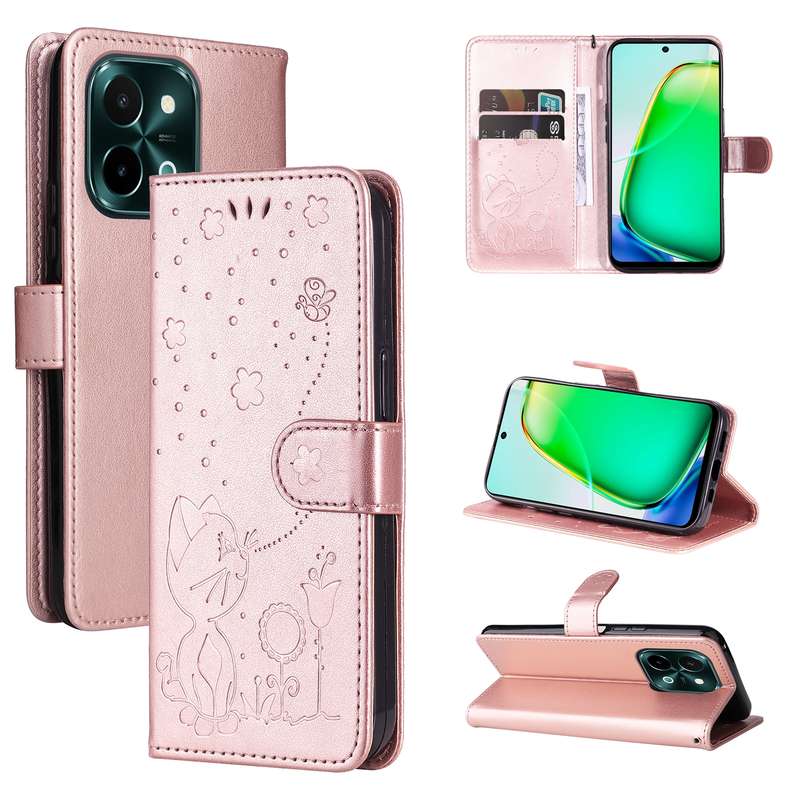 For vivo Y28 4G Cat and Bee Embossed Flip Leather Phone Case(Rose Gold)