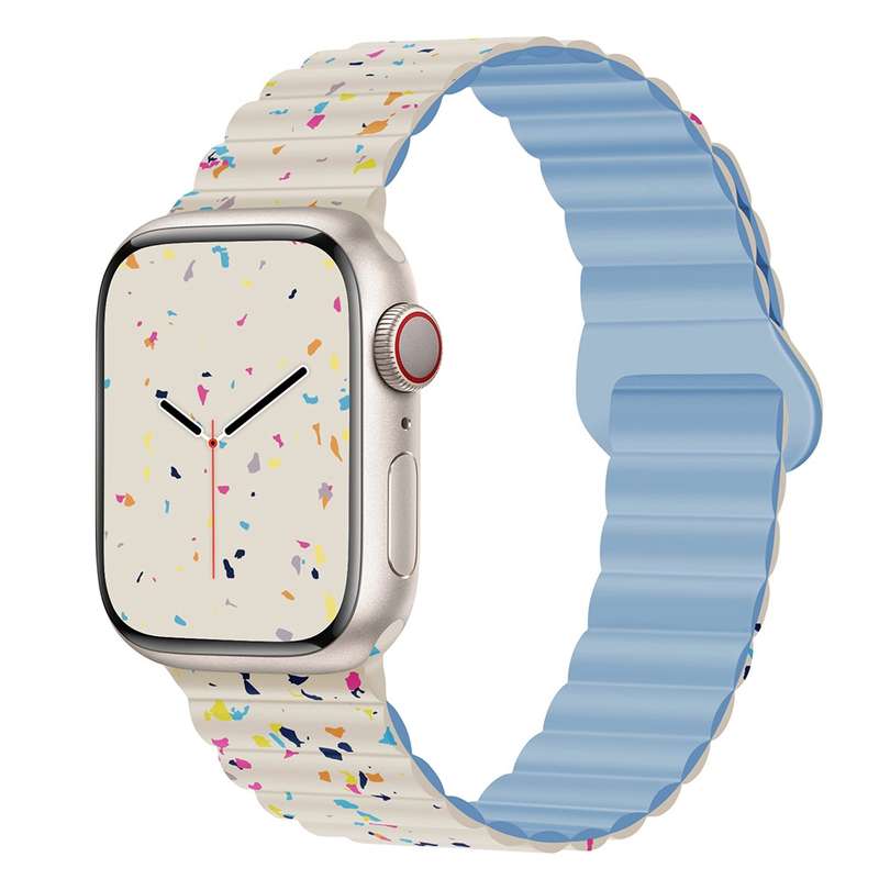 For Apple Watch Series 8 45mm Colorful Dots Magnetic Silicone Watch Band(Creamy White+Mist Blue