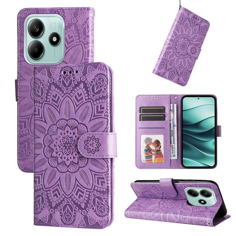 For Redmi Note 14 5G Embossed Sunflower Leather Phone Case(Red)