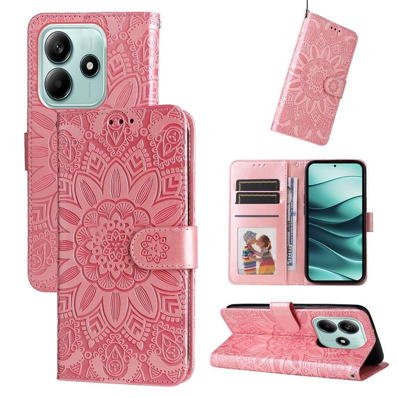 For Redmi Note 14 5G Embossed Sunflower Leather Phone Case(Red)
