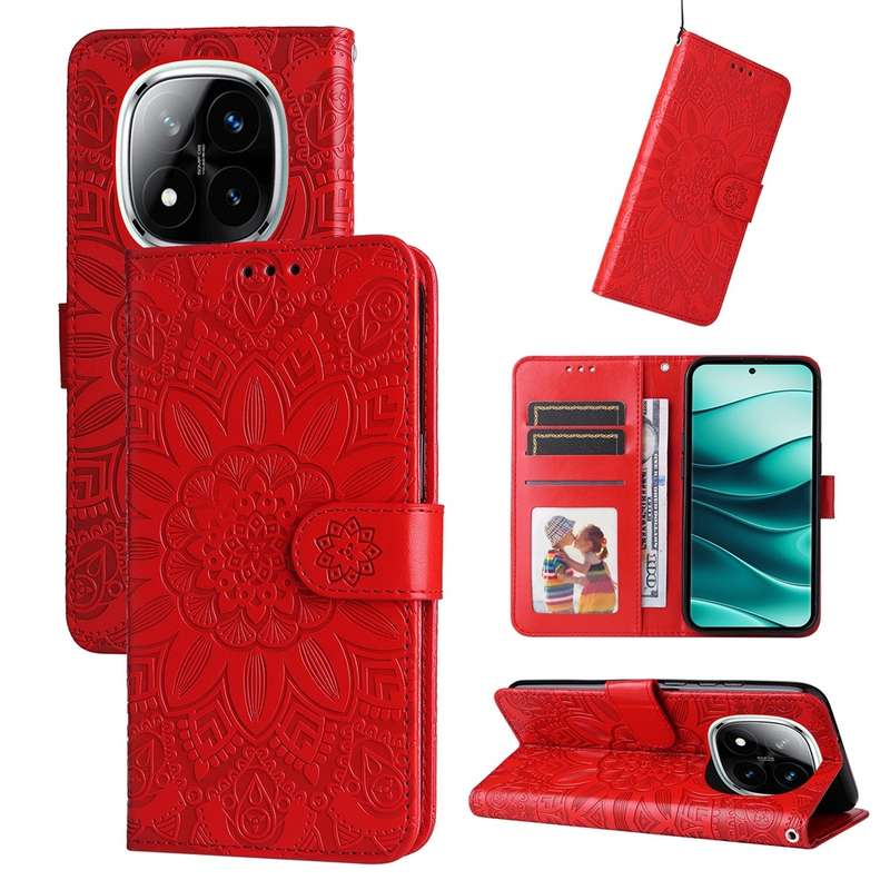 For Redmi Note 14 Pro 5G / Note 14 Pro+ 5G Embossed Sunflower Leather Phone Case(Red)