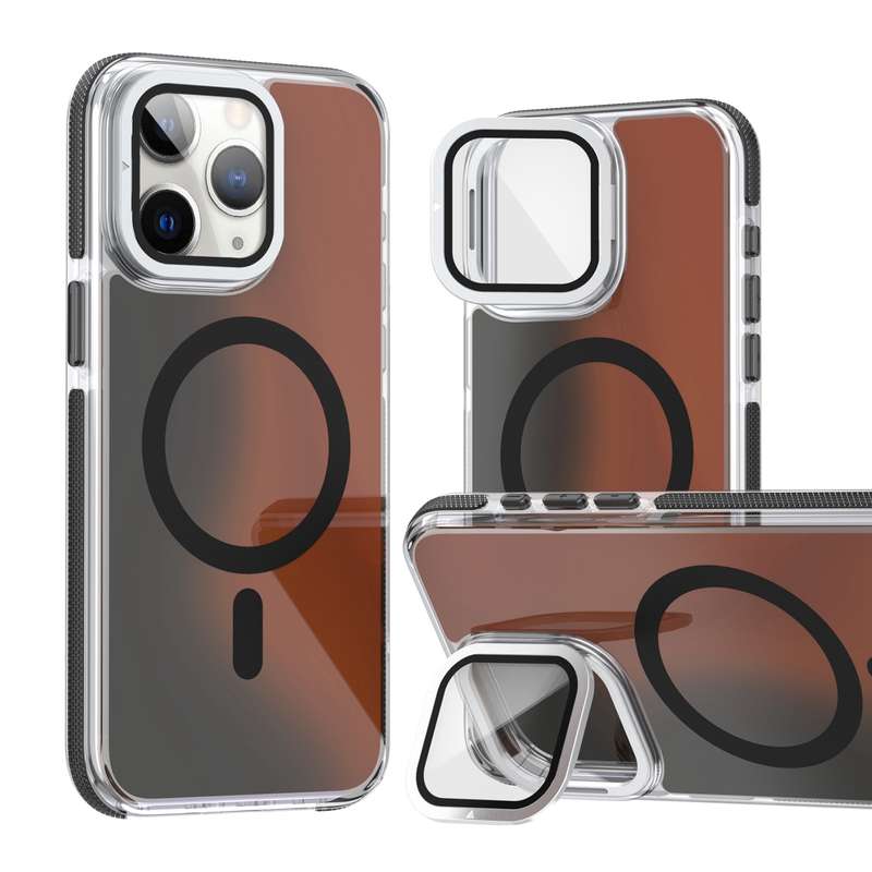 For iPhone 11 Pro Max MagSafe Gradient Color Lens Film Phone Case with Lens Fold Holder(Black)