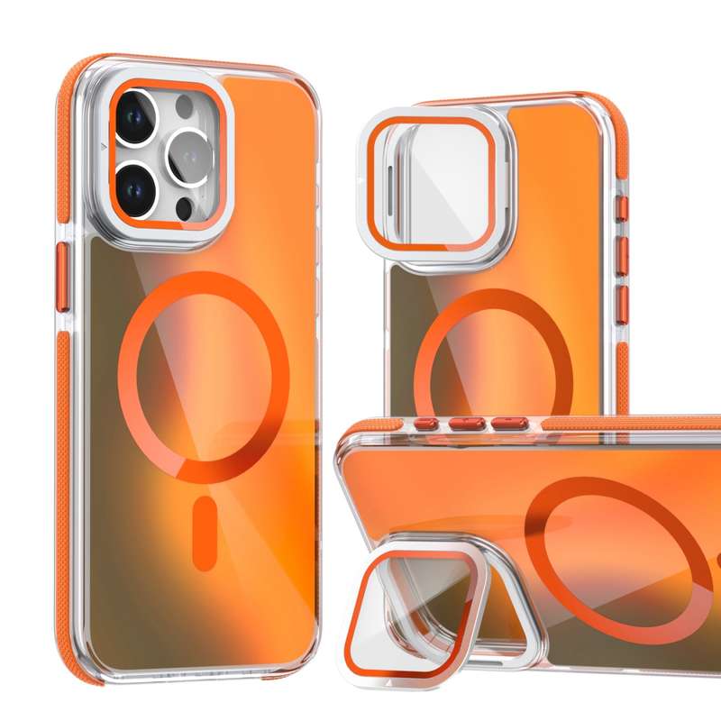For iPhone 15 Pro MagSafe Gradient Color Lens Film Phone Case with Lens Fold Holder(Orange)