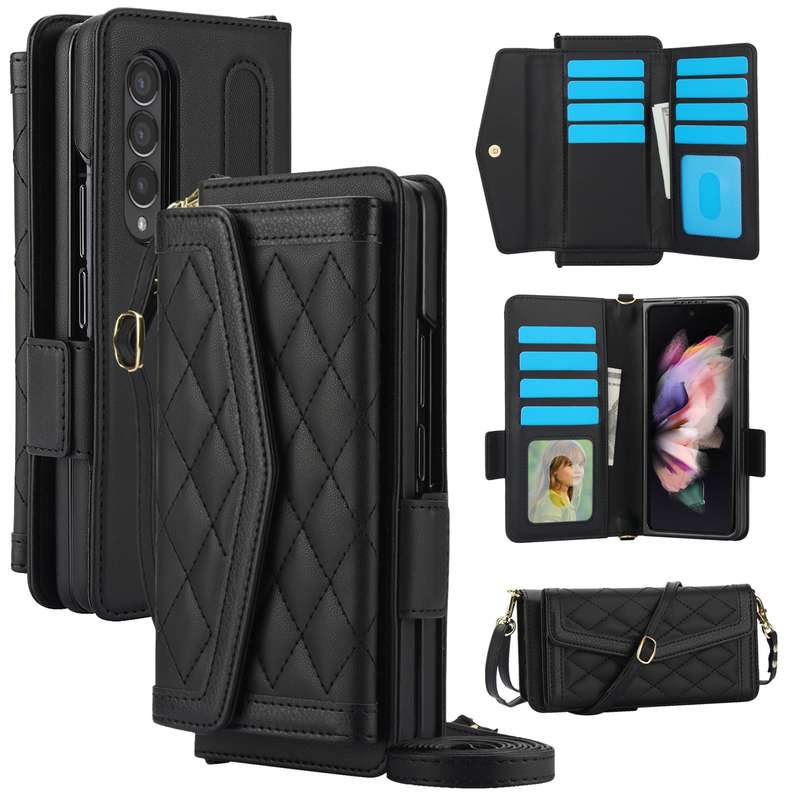 For Samsung Galaxy Z Fold4 Splicing Rhombic Texture Card Holder Phone Case with Lanyard, Not In