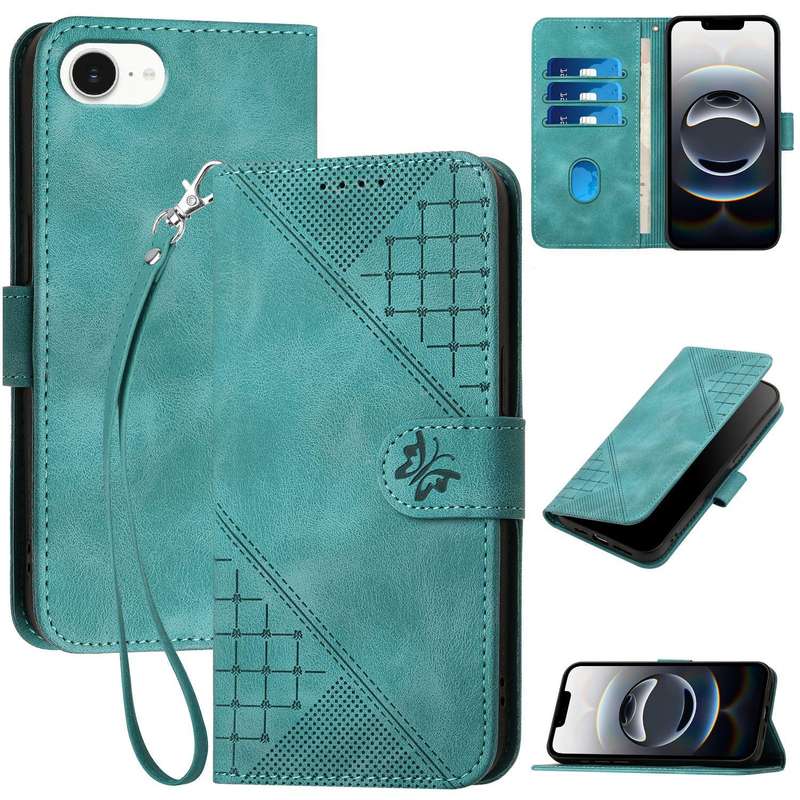 For iPhone SE 2024 YX0080 Grid Butterfly Embossed Pattern Flip Leather Phone Case with Lanyard(