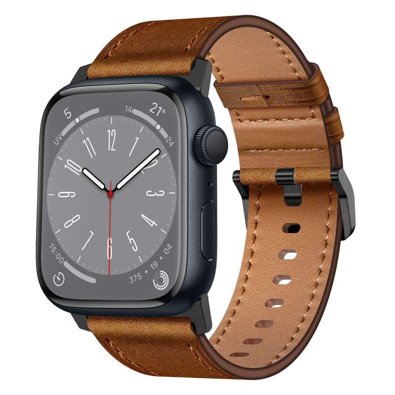 For Apple Watch Series 5 44mm Wilderness Top-grain Leather Watch Band(Black Connector Red Brown