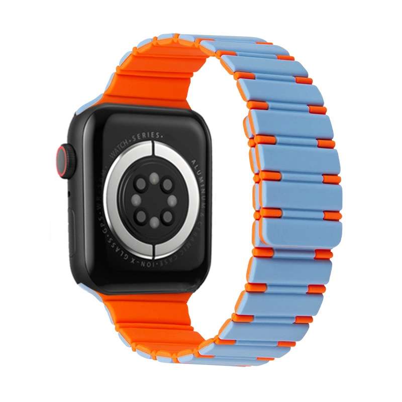 For Apple Watch Series 8 45mm Two-color Magnetic Silicone Watch Band(Mist Blue Orange)