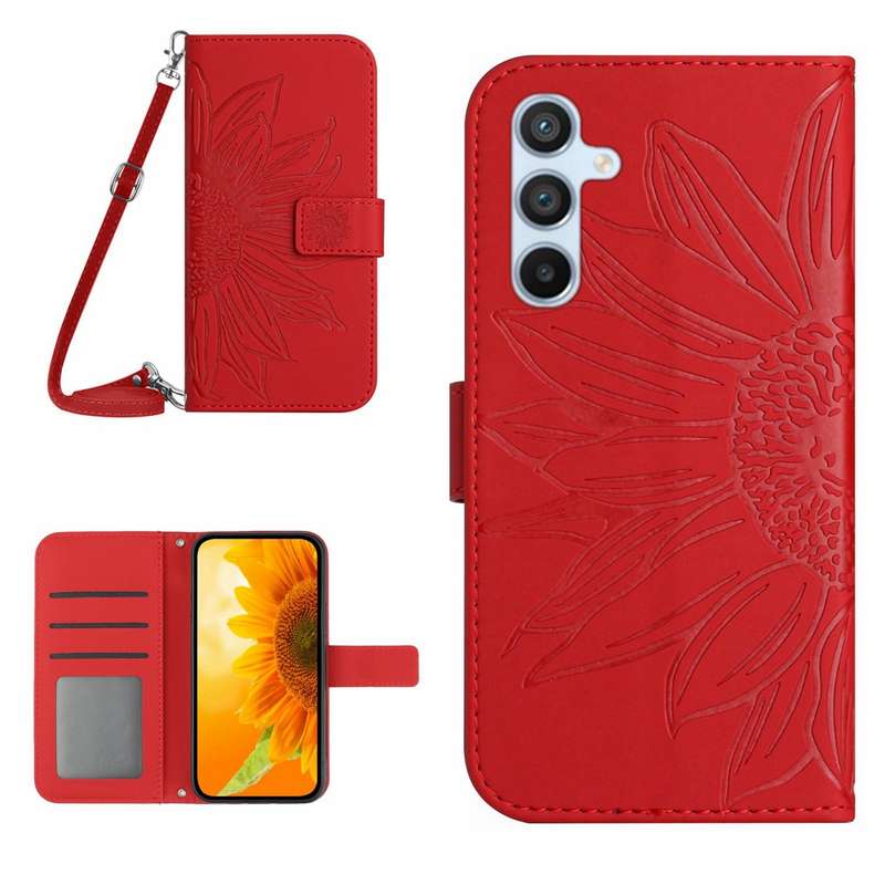 For Samsung Galaxy A36 5G Skin Feel Sun Flower Embossed Flip Leather Phone Case with Lanyard(Red)