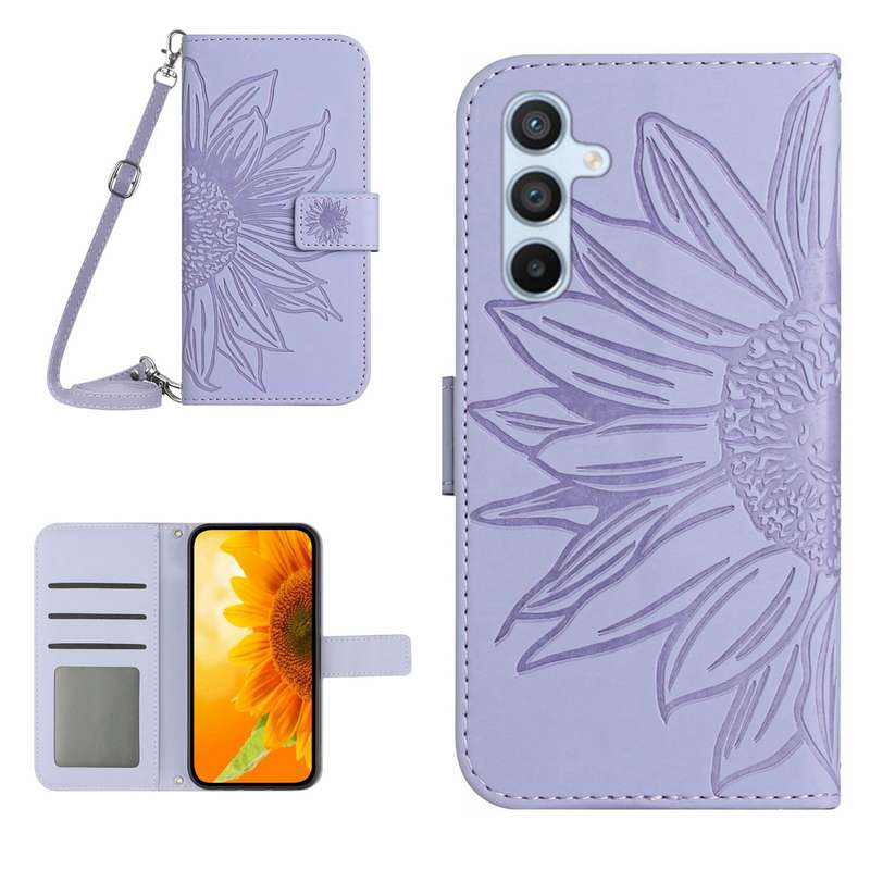 For Samsung Galaxy A36 5G Skin Feel Sun Flower Embossed Flip Leather Phone Case with Lanyard(Red)