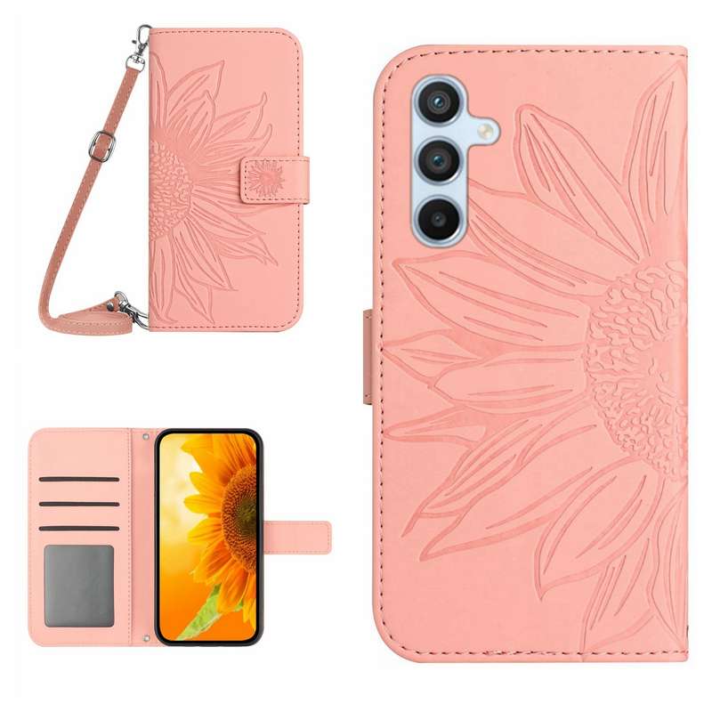 For Samsung Galaxy A36 5G Skin Feel Sun Flower Embossed Flip Leather Phone Case with Lanyard(Red)