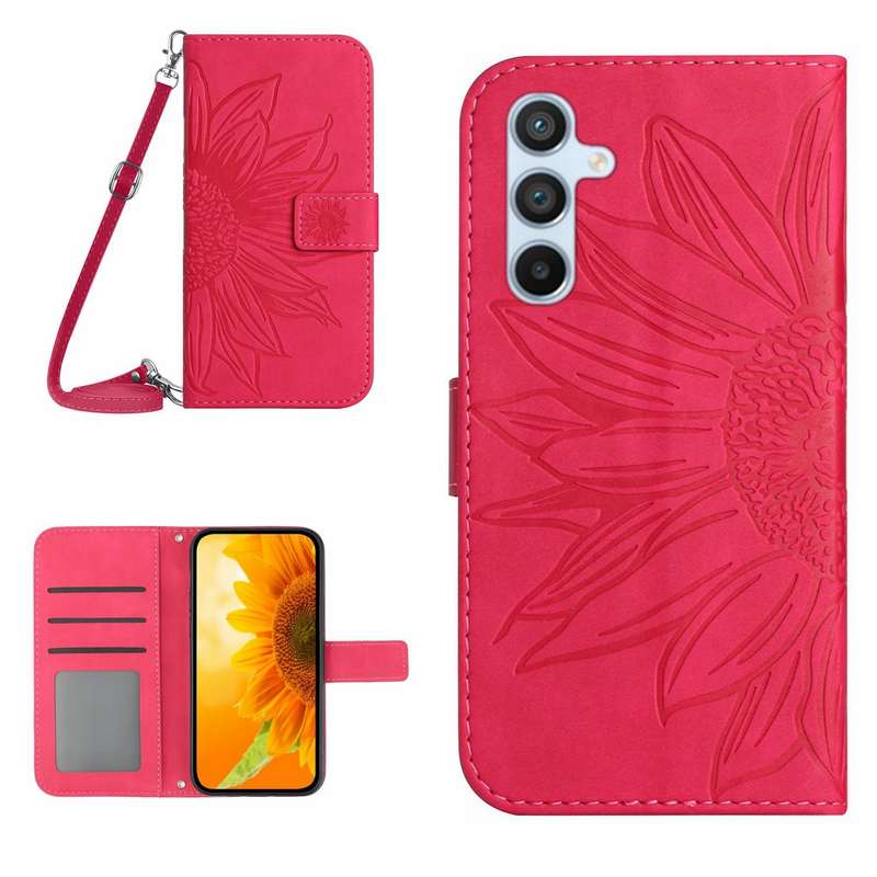 For Samsung Galaxy A36 5G Skin Feel Sun Flower Embossed Flip Leather Phone Case with Lanyard(Red)