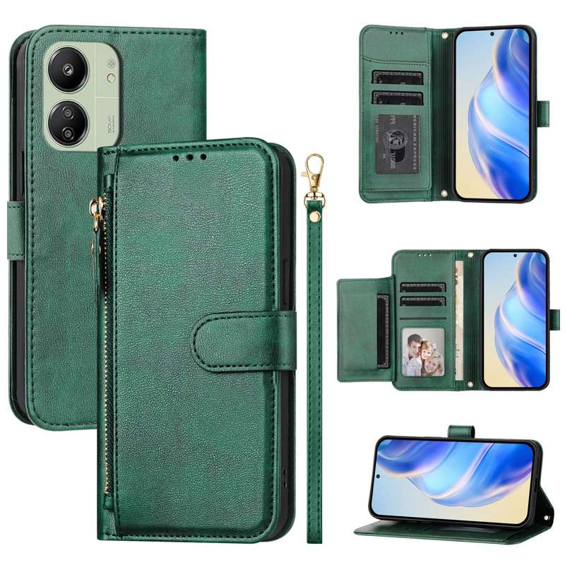 For Redmi 13C 4G Multi-Card Slots Zipper Wallet Leather Phone Case(Black)