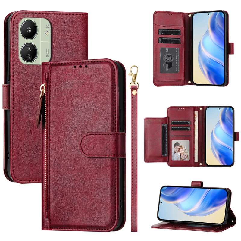 For Redmi 13C 4G Multi-Card Slots Zipper Wallet Leather Phone Case(Black)