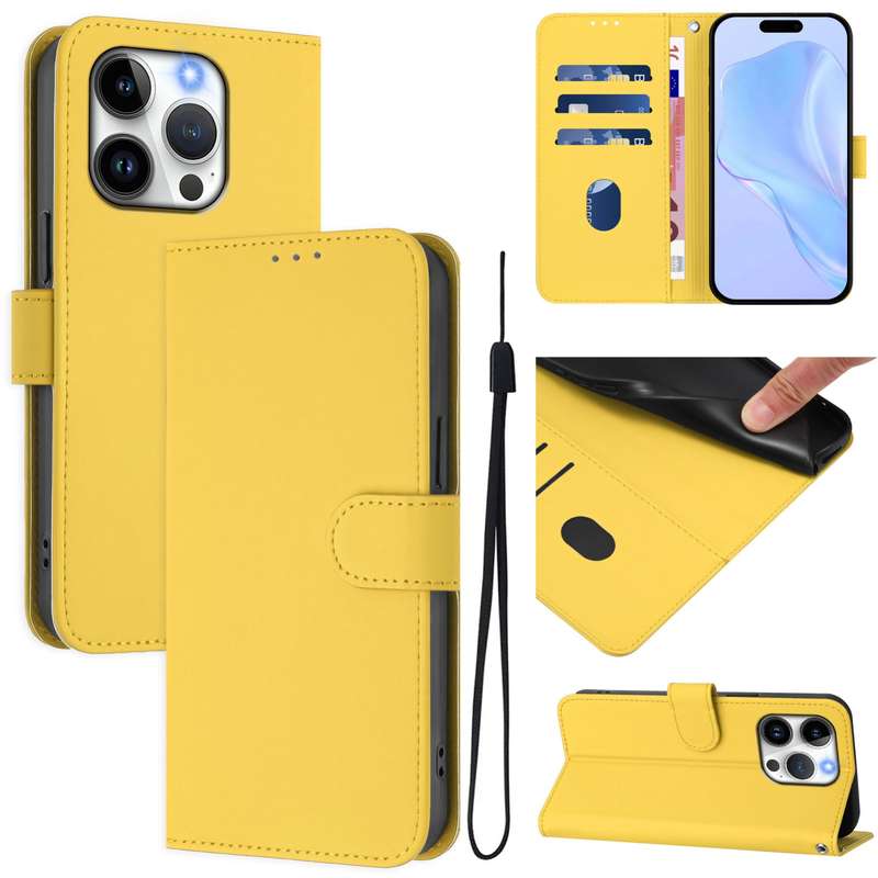 For iPhone 14 / 13 Skin Feel Solid Color Leather Phone Case with Lanyard(Brown)