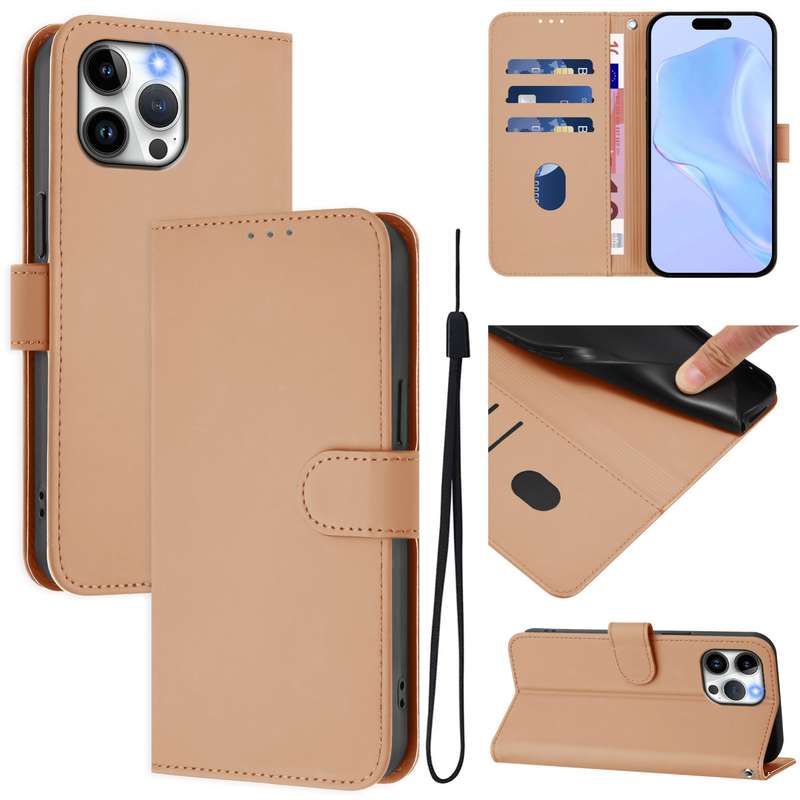 For iPhone 13 Pro Max Skin Feel Solid Color Leather Phone Case with Lanyard(Brown)