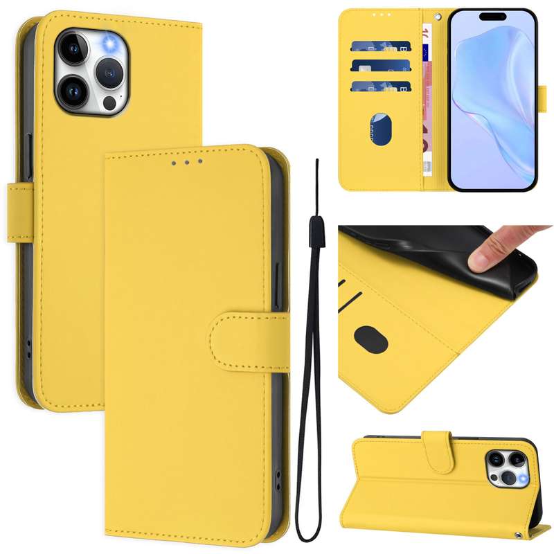 For iPhone 13 Pro Max Skin Feel Solid Color Leather Phone Case with Lanyard(Brown)