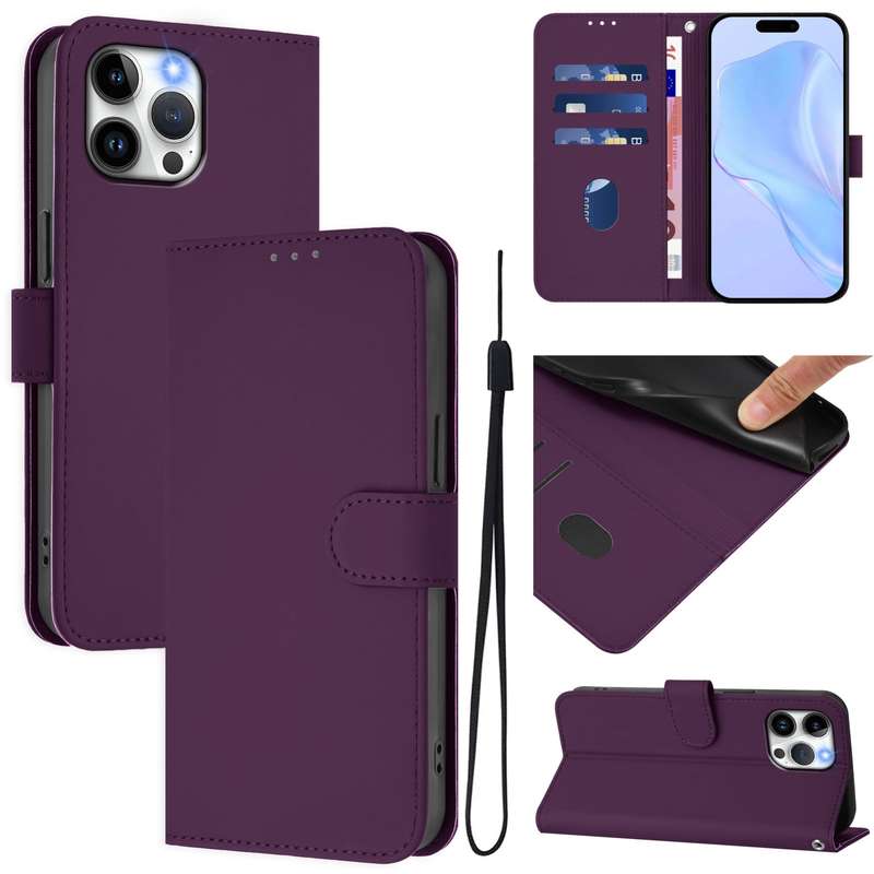 For iPhone 13 Pro Max Skin Feel Solid Color Leather Phone Case with Lanyard(Brown)
