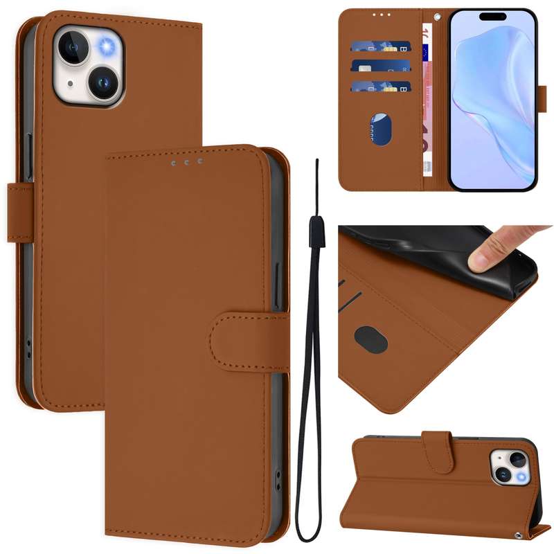 For iPhone 12 mini Skin Feel Solid Color Leather Phone Case with Lanyard(Brown)