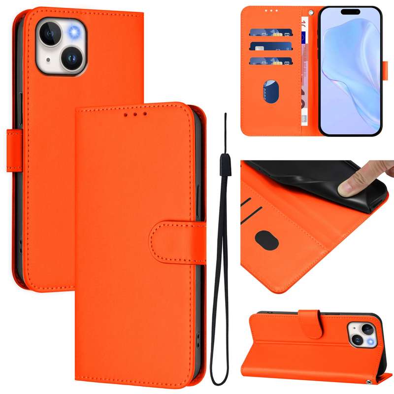 For iPhone 12 mini Skin Feel Solid Color Leather Phone Case with Lanyard(Brown)