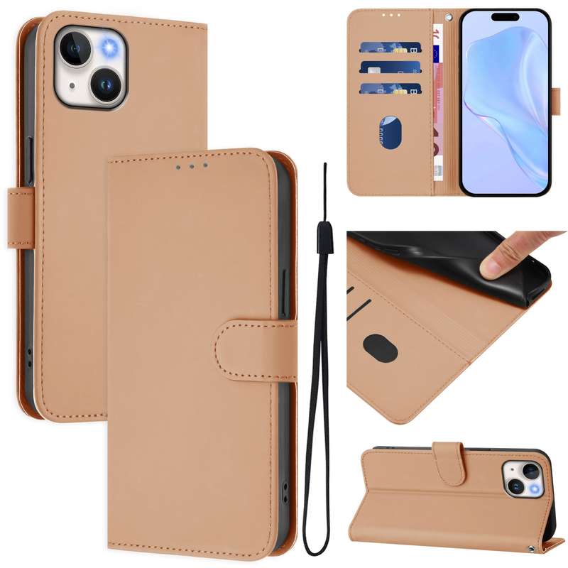 For iPhone 12 mini Skin Feel Solid Color Leather Phone Case with Lanyard(Brown)