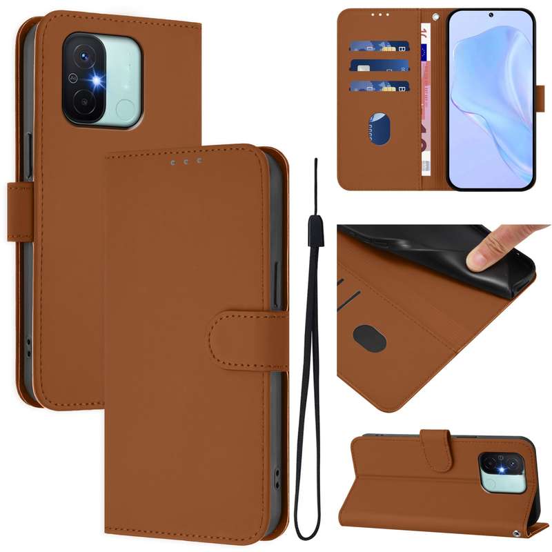 For Redmi 12C / 11A Skin Feel Solid Color Leather Phone Case with Lanyard(Brown)