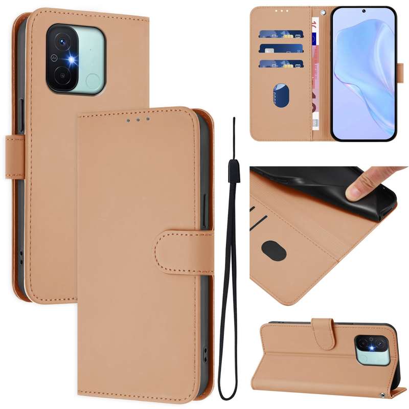 For Redmi 12C / 11A Skin Feel Solid Color Leather Phone Case with Lanyard(Brown)