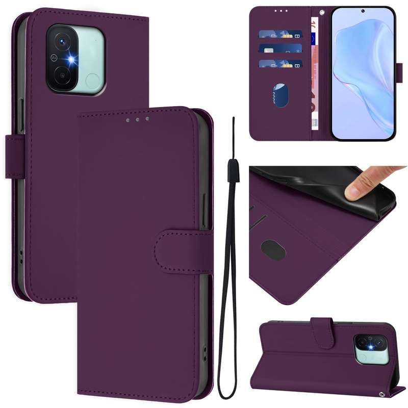 For Redmi 12C / 11A Skin Feel Solid Color Leather Phone Case with Lanyard(Brown)
