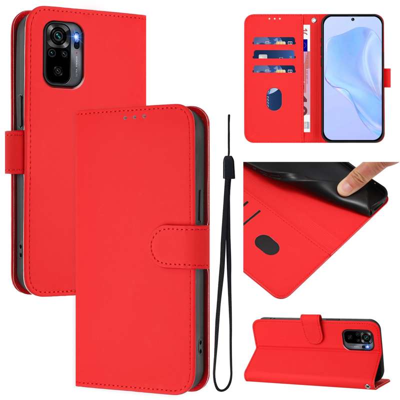For Redmi Note 10 4G / Note 10S 4G Skin Feel Solid Color Leather Phone Case with Lanyard(Brown)
