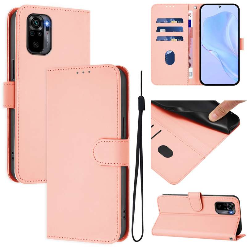 For Redmi Note 10 4G / Note 10S 4G Skin Feel Solid Color Leather Phone Case with Lanyard(Brown)