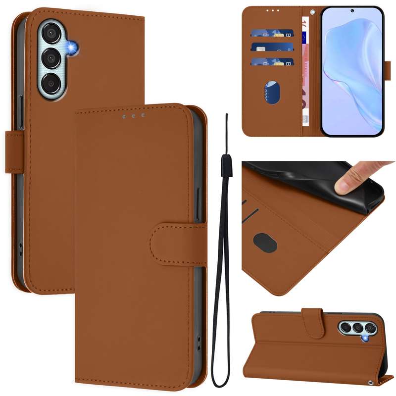 For Samsung Galaxy M15 5G / F15 5G Skin Feel Solid Color Leather Phone Case with Lanyard(Brown)
