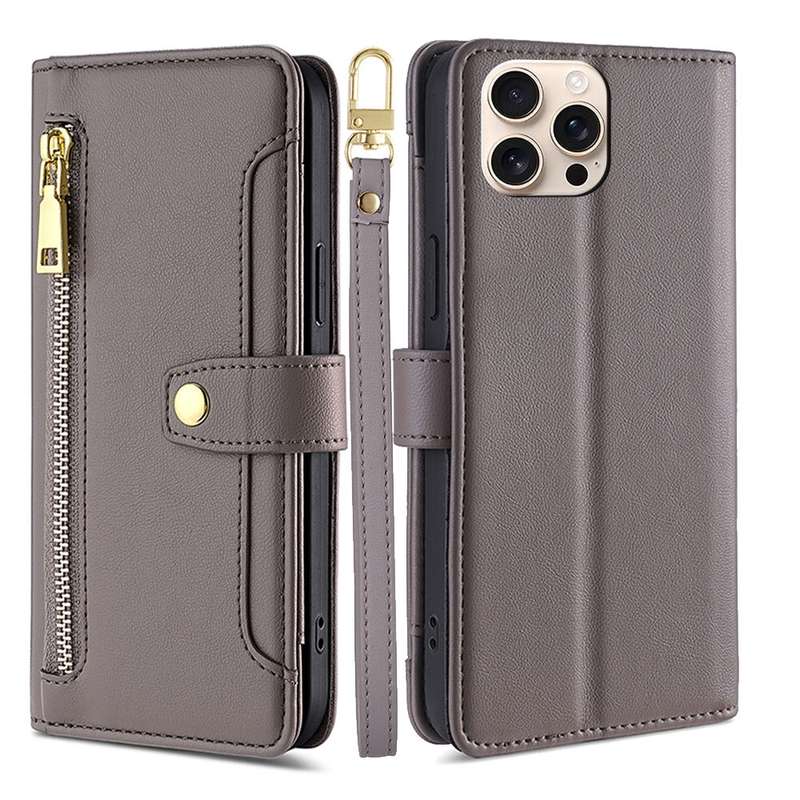 For iPhone 16 Pro Sheep Texture Cross-body Zipper Wallet Leather Phone Case(Black)