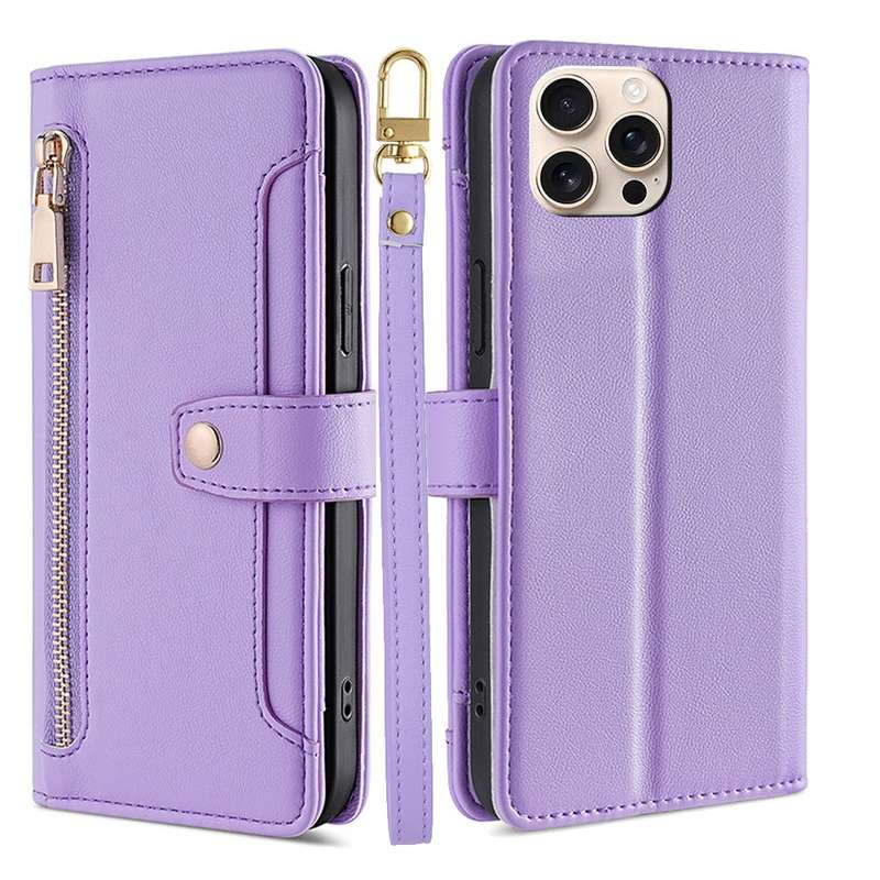 For iPhone 16 Pro Sheep Texture Cross-body Zipper Wallet Leather Phone Case(Black)
