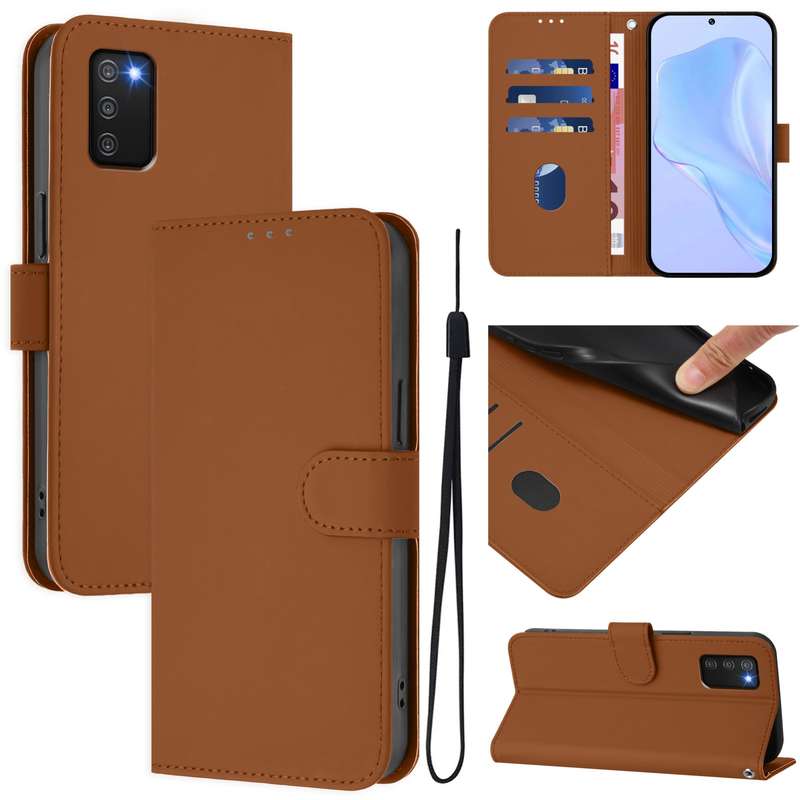 For Samsung Galaxy A03s 164mm Skin Feel Solid Color Leather Phone Case with Lanyard(Brown)