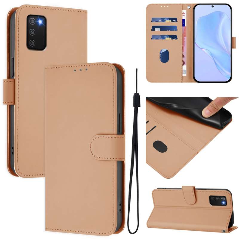 For Samsung Galaxy A03s 164mm Skin Feel Solid Color Leather Phone Case with Lanyard(Brown)