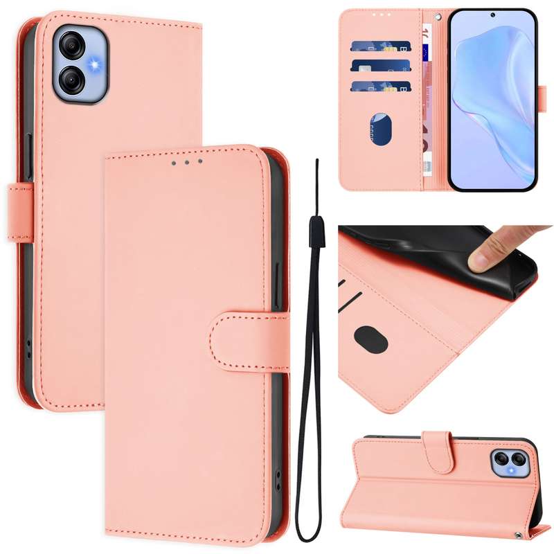 For Samsung Galaxy A04e / F04 / M04 4G Skin Feel Solid Color Leather Phone Case with Lanyard(Brown)