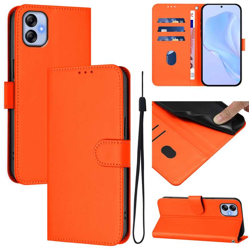 For Samsung Galaxy A04e / F04 / M04 4G Skin Feel Solid Color Leather Phone Case with Lanyard(Brown)