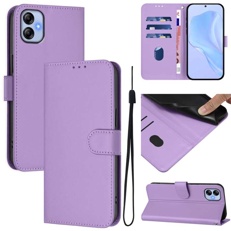For Samsung Galaxy A04e / F04 / M04 4G Skin Feel Solid Color Leather Phone Case with Lanyard(Brown)