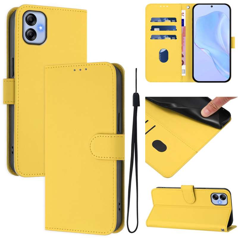 For Samsung Galaxy A04e / F04 / M04 4G Skin Feel Solid Color Leather Phone Case with Lanyard(Brown)