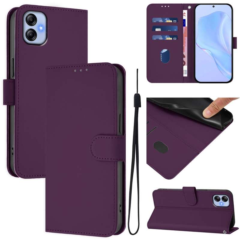 For Samsung Galaxy A04e / F04 / M04 4G Skin Feel Solid Color Leather Phone Case with Lanyard(Brown)
