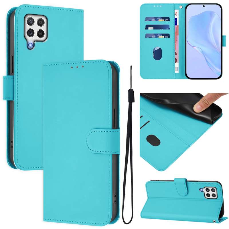 For Samsung Galaxy A22 4G Skin Feel Solid Color Leather Phone Case with Lanyard(Brown)
