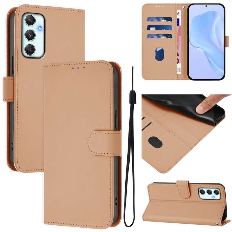 For Samsung Galaxy A34 5G Skin Feel Solid Color Leather Phone Case with Lanyard(Brown)