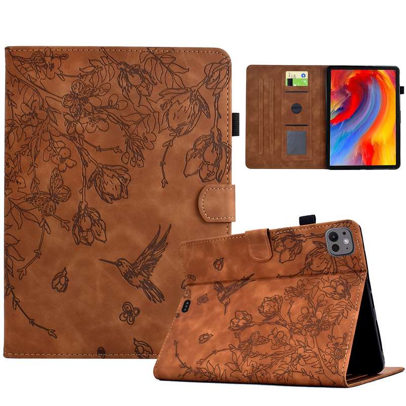 For iPad Air 11 2024 / iPad Pro 11 Flowers and Bird Embossed Smart Leather Tablet Case(Brown)