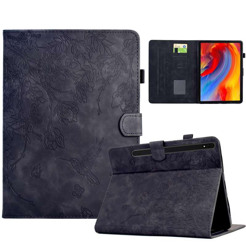 For Samsung Galaxy Tab S9 Flowers and Bird Embossed Smart Leather Tablet Case(Brown)