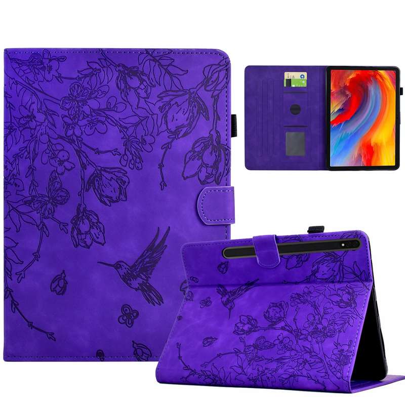 For Samsung Galaxy Tab S9 Flowers and Bird Embossed Smart Leather Tablet Case(Brown)