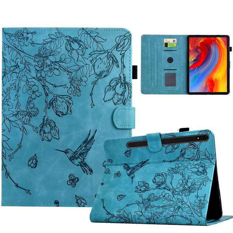 For Samsung Galaxy Tab S9 Flowers and Bird Embossed Smart Leather Tablet Case(Brown)